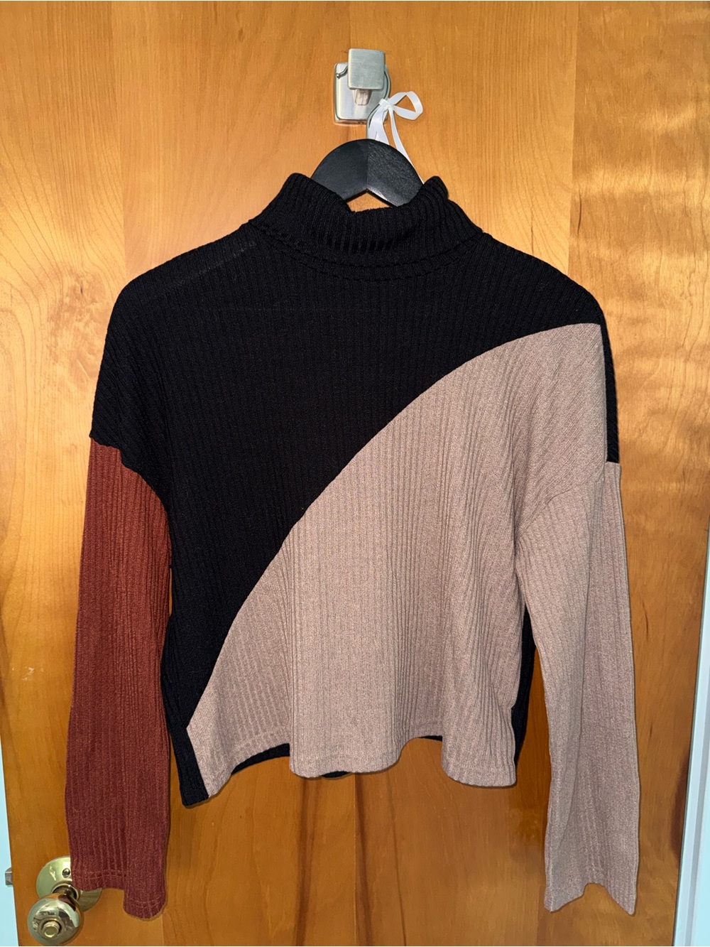 Colorblock Mock Neck Sweater - Black, Taupe & Rust